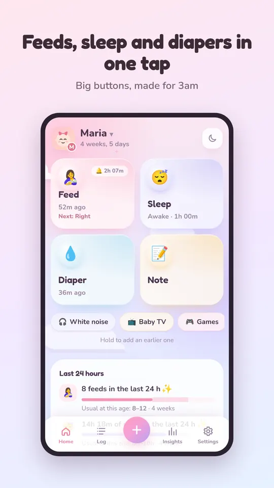 Home screen with feed, sleep, diaper and note
