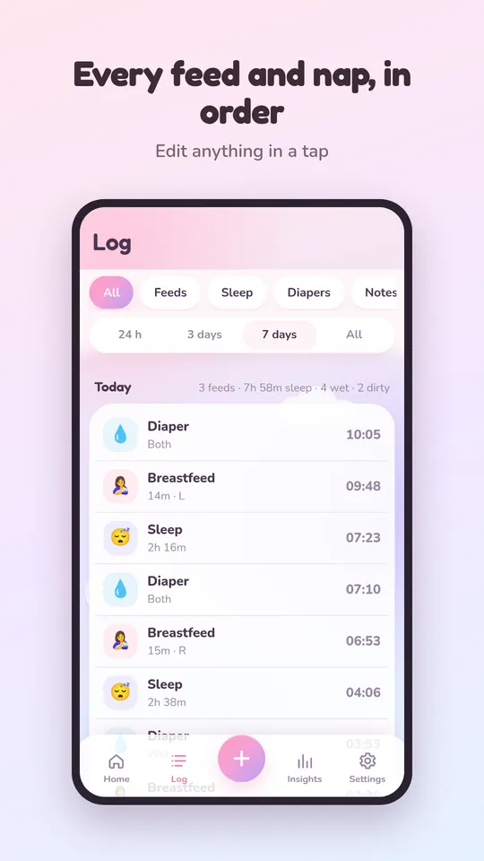 Log of feeds and naps in order