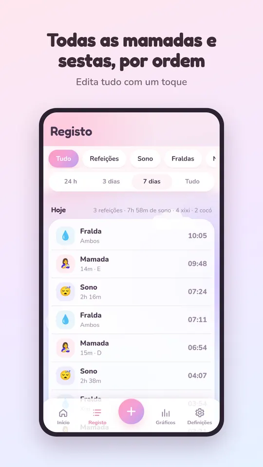 Registo de mamadas e sestas por ordem